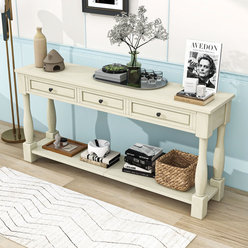 Dolo 63" Console Table with 3 Drawers and Shelf, Wood Entryway Table in Mediterranean Style, Antique White