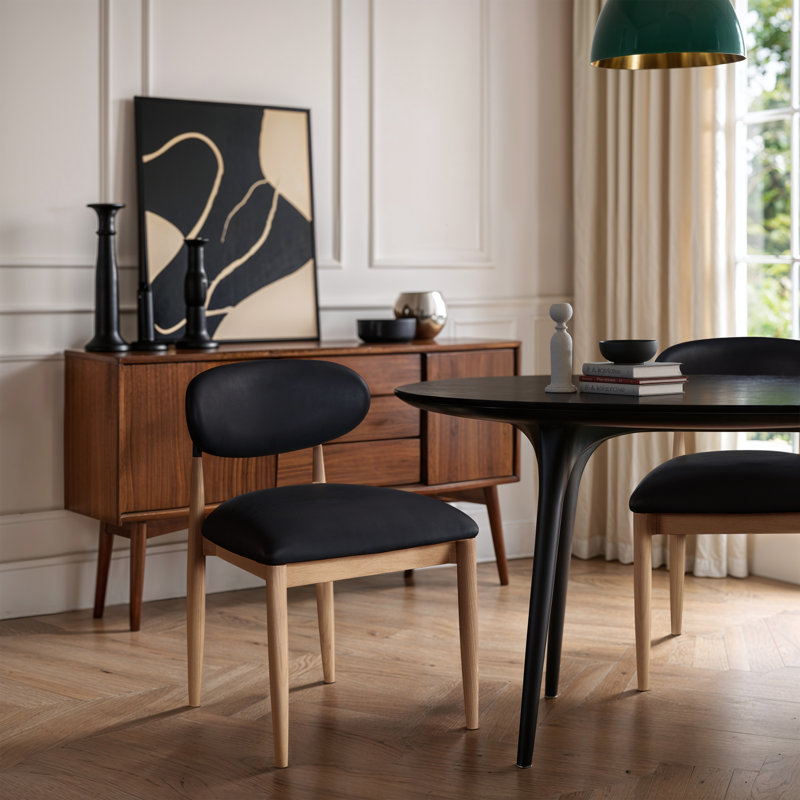 Westerfeld Eligah Vegan Leather Upholstered Dining Side Chair, Black, Stained Natural / Powder Coated Black
