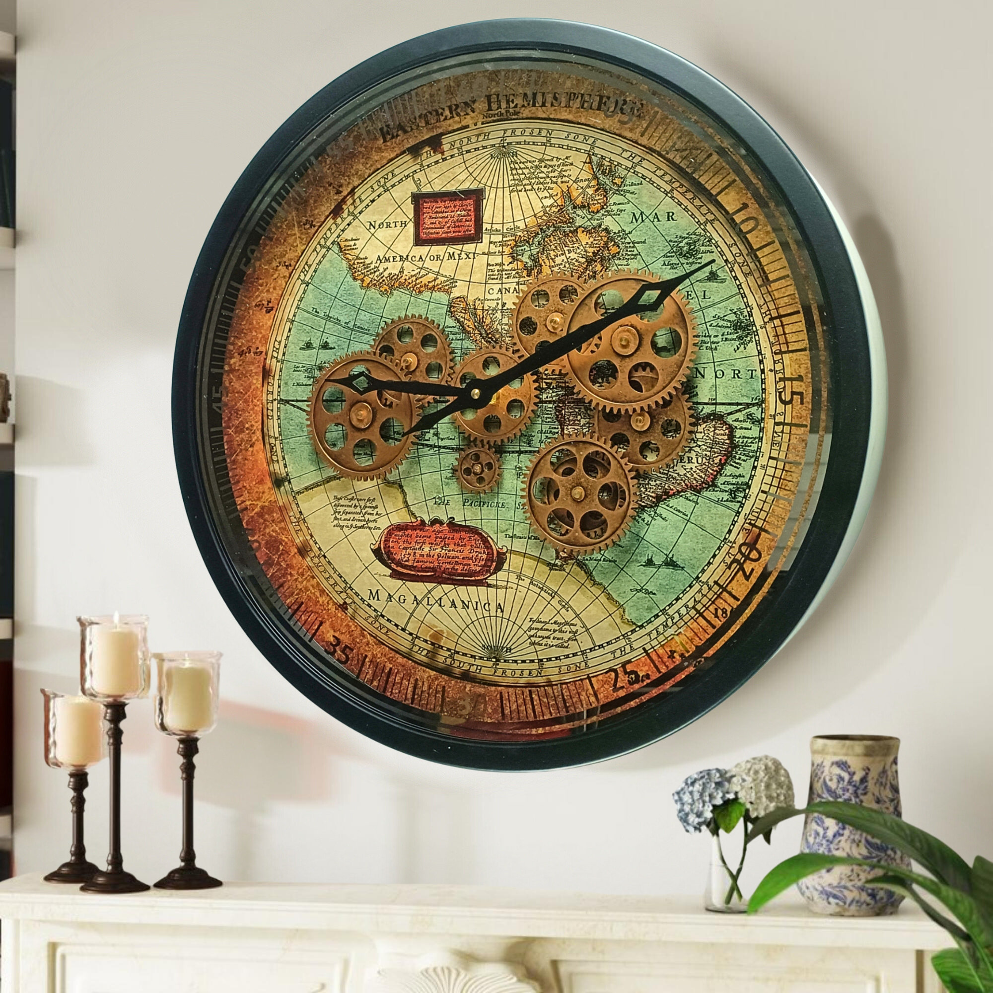 THE GEARS CLOCK Wall Clock with Real Moving Gears PO-LI_ 18 in Round  BLACK-ANTIQUE | Wayfair, image size:2000x2000