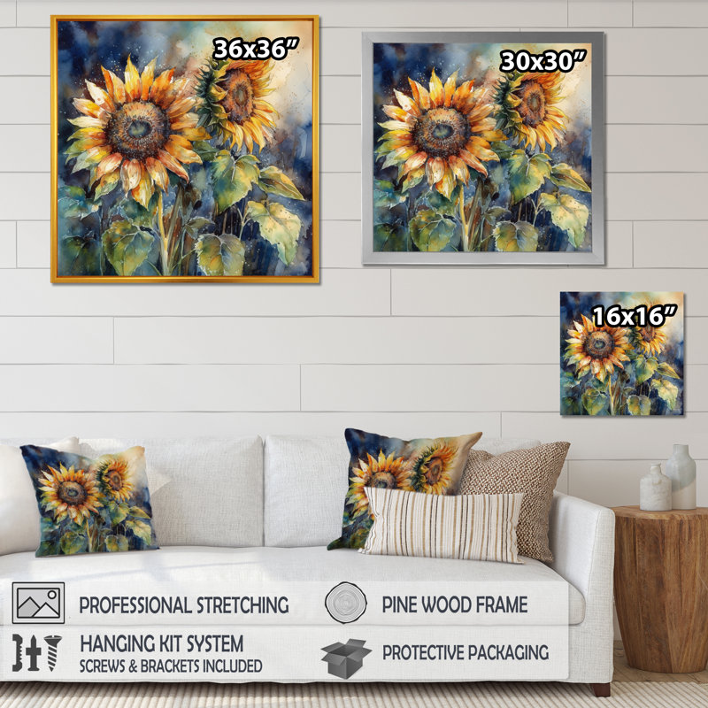 Tournesol jaune symphonie II - tournesol, art mural, Toile tendue, H 36 po x l 36 po x P 1,5 po
