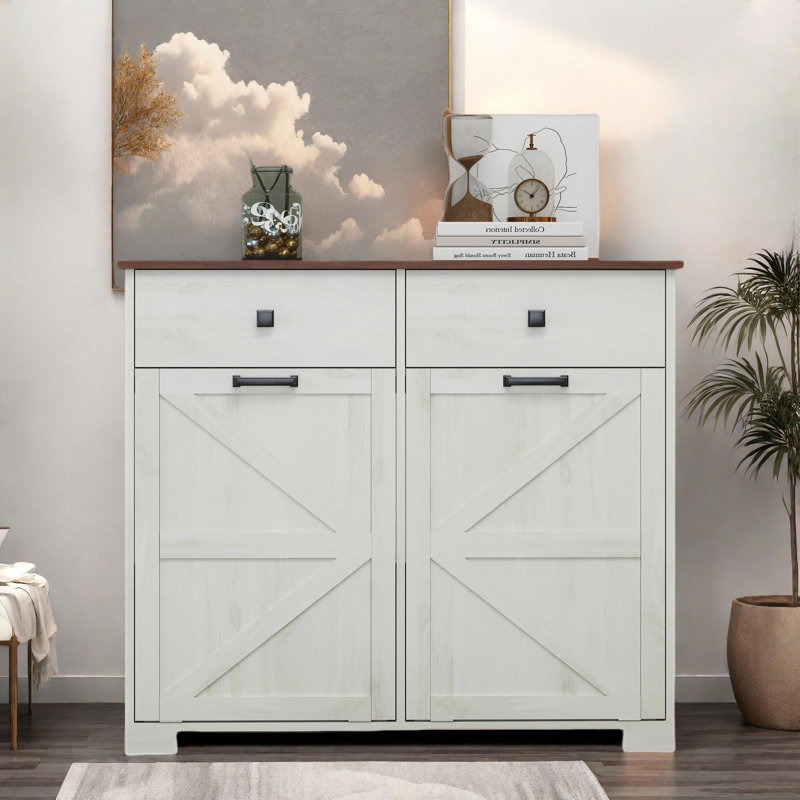 Armoire poubelle double inclinable Farmhouse avec 2 tiroirs et poignées en métal