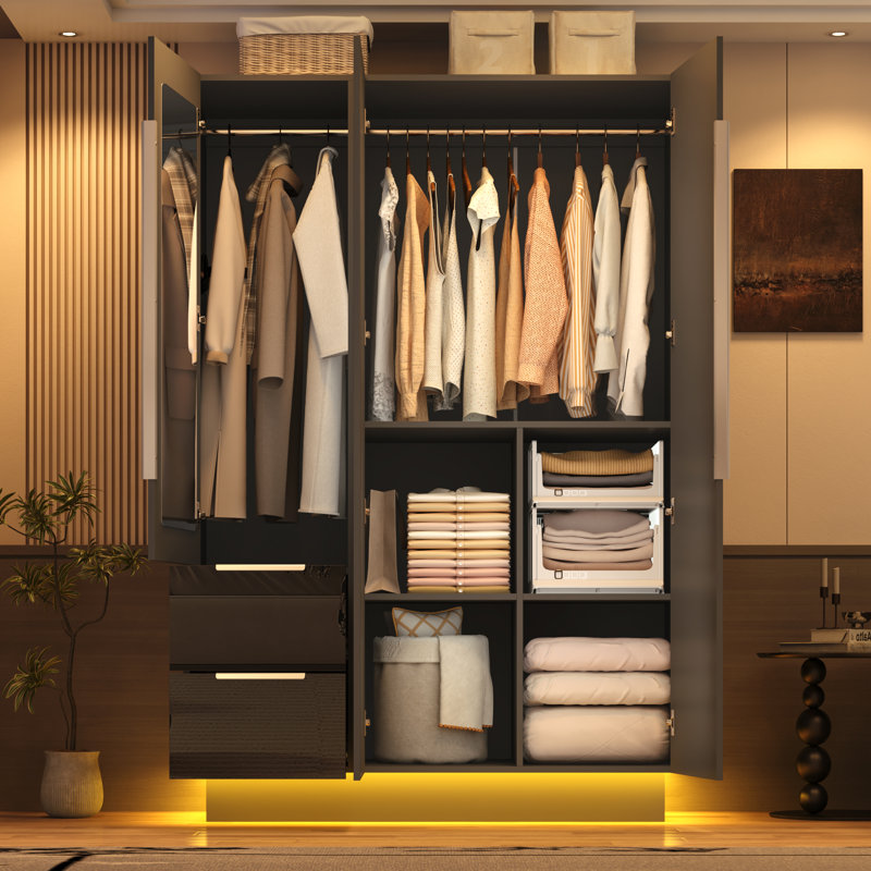 Armoire-penderie moderne ultrabrillante avec tablettes et tringle, Noir