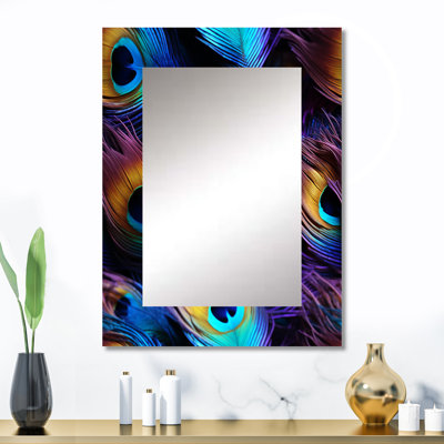 Holmquist Blue And Pruple Vibrant Peacock Feather - animal print  Mirror, Boho Decorative Wall Mirror, Printed Metal Art