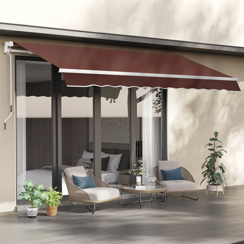 Auvent rétractable de 12 pi x 8 pi - structure en aluminium et manivelle manuelle, pour terrasse, balcon, cour, rétractable de teinte brune, tissu en eau 280g / m², terrasse de balcon