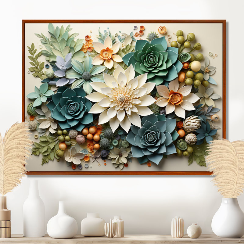 Plantes vertes succulentes sereines - Art mural, H 16 po x l 32 po, Reproduction avec cadre flottant, Brun