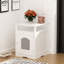 Enceinte de litière moderne en bois avec tablette de rangement et armoire cachée pour l'intérieur.