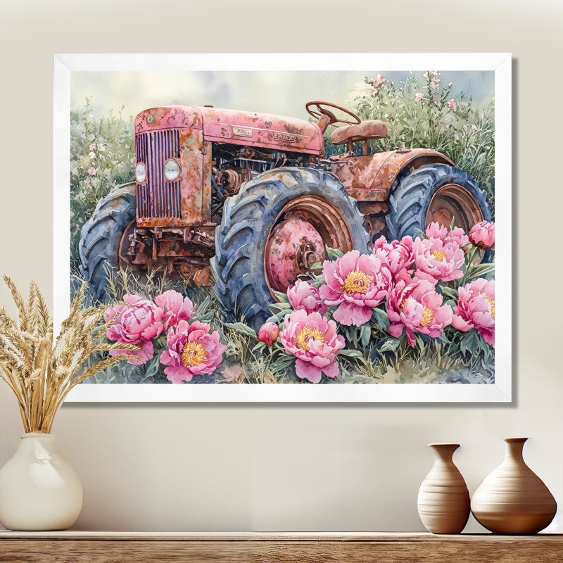 Pivoines par le vieux tracteur VI - Impressions encadrées de pivoines, Reproduction d'une seule photo avec cadre, Blanc
