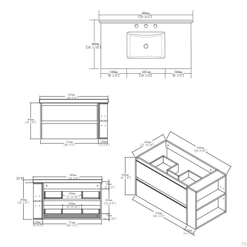 Meuble-lavabo flottant 36 po avec lavabo 36 po, tiroir à fermeture en douceur, comptoir et dosseret en marbre de culture blanc de 2 po Carrara, contreplaqué, gris