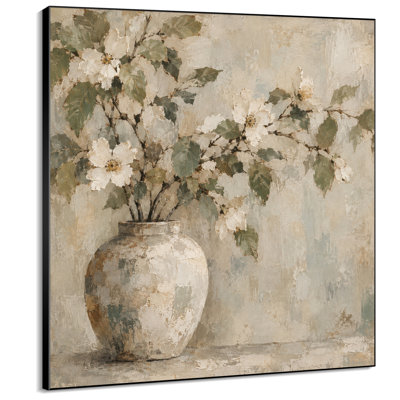 Très grand imprimé d'art mural - Fleurs blanches neutres dans un vase en céramique rustique pour le salon ou la chambre à coucher - «Assemblage requis du cadre (cadre non fini)»