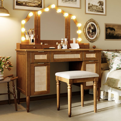 Makeup Vanity with Stool, Charging Station, Ample Storage, 13 Hollywood Bulbs and 3 Lighting Modes Dressing Table