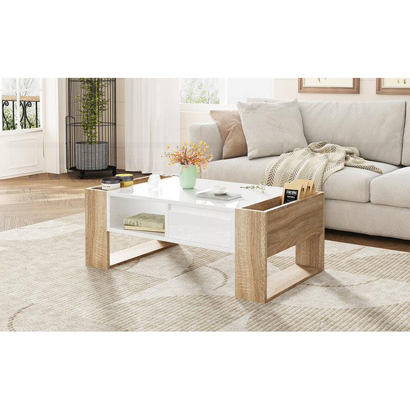 High Glossy Coffee Table with 2 Drawers, White/Natural