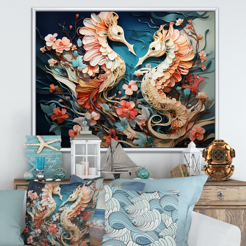 Seahorse Symphony Ethereal Beauty - plage et océan, reproduction d'art mural, Cadre flottant blanc