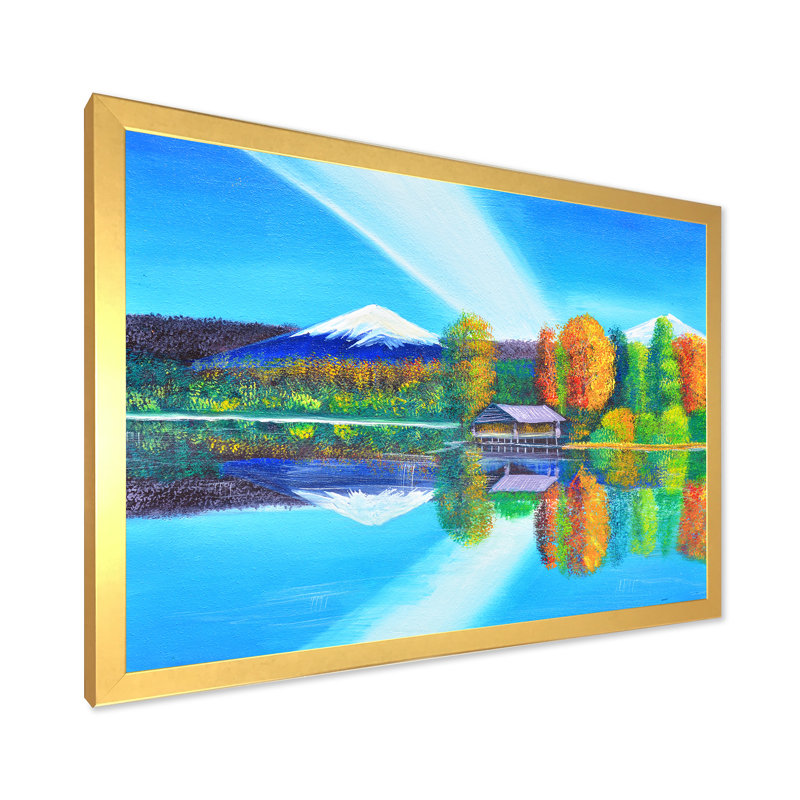 Reflet de la montagne et du ciel sur le lac - peinture sur toile, H 24 po x l 32 po x P 1 po, Encadrement doré
