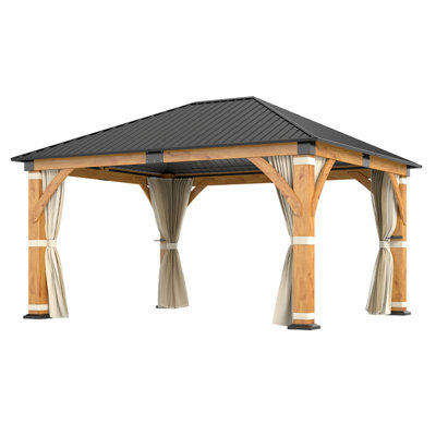 15 Ft x 13 Ft Outdoor Spruce Wood Hardtop Gazebo, Heavy-Duty Galvanized Steel Gazebo with Privacy Curtain and Nettings
