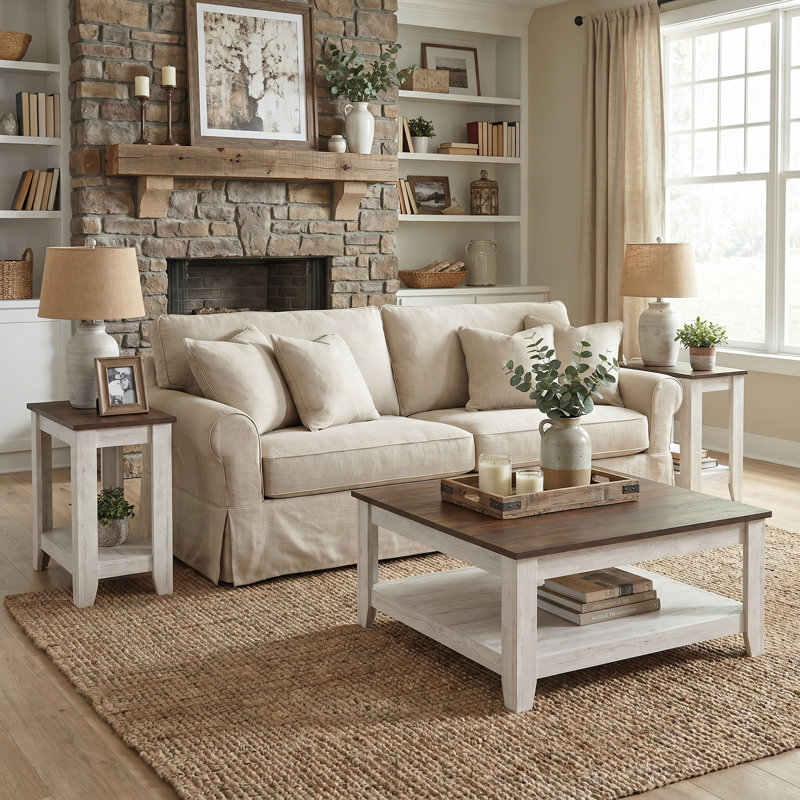 Weddel Basilico Modern Farmhouse 3 Piece Living Room Table Set, Dark Gray