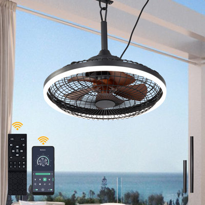 Ventilateur de plafond industriel noir 20 "avec télécommande et lumières DEL, ventilateur de plafond en cage imperméable à moteur à courant continu 6 vitesses pour patio