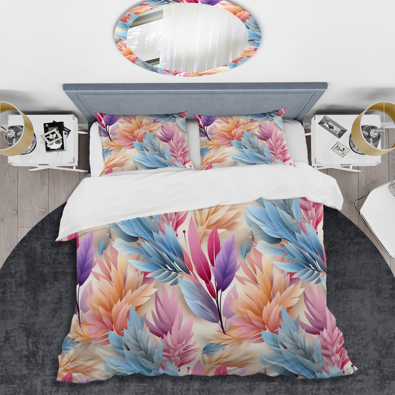 Motif de fougères bohémiennes roses et bleues - Ensemble de housse de couette floral - Polyester microfibre