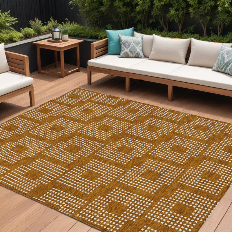 10' X 14' Terra Cotta And Ivory Geometric Washable Indoor Outdoor Area Rug