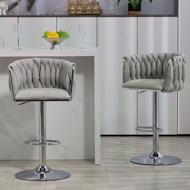 Ensemble de 2 tabourets de bar pivotants à 360 ° en tissu, chaises de bar réglables à hauteur de comptoir avec dossier tissé et repose-pieds, tabourets de bar chromés argentés pour îlot de cuisine, café, pub