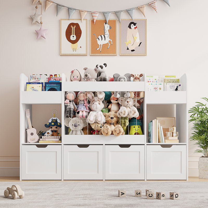 Boîte de rangement pour chambre de bébé 63 po, rangement pour animaux en peluche de 132 L, 4 tiroirs à roulettes, armoire de rangement à 2 cubes, bibliothèque pour tout-petits 4 en 1 pour salle de jeux, chambre de bébé, chambre à coucher (blanc)