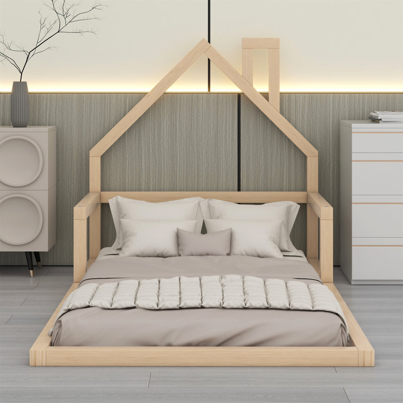 Lit en bois avec tête de lit en bois, Naturel