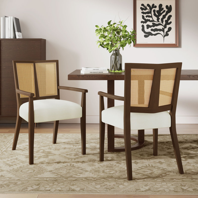 Jad Wooden Dining Chairs With PE Rattan Backs, Walnut, Beige