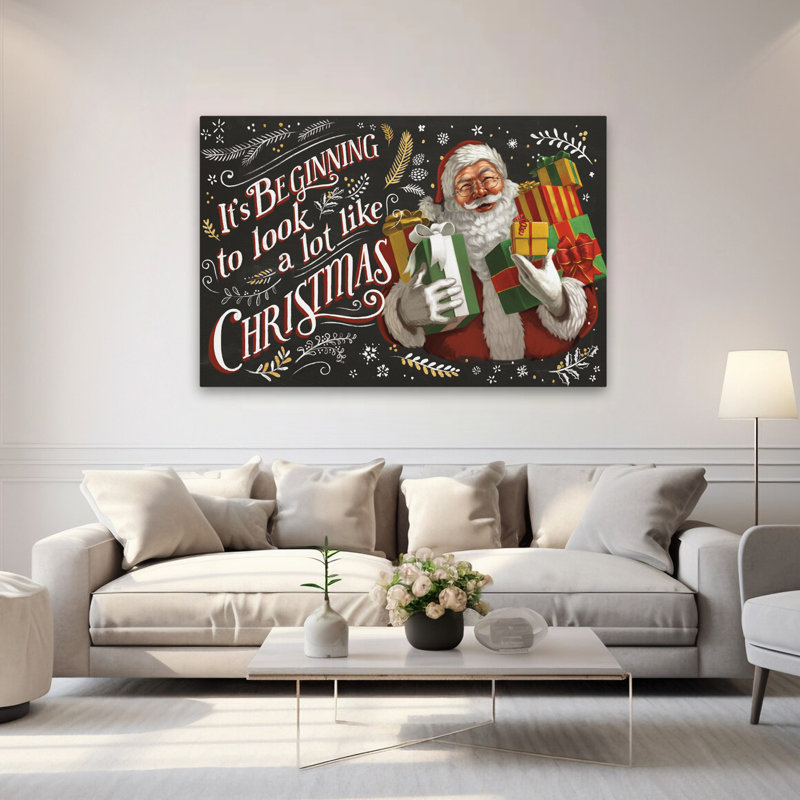 «Santas List IV» - baies, craie noire, art de Noël, H 40 po x l 60 po