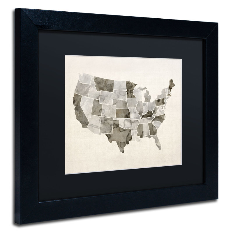 « united states aquarelle map » par michael tompsett, impression encadrée, H 11 po x l 14 po, Noir