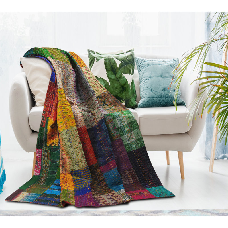 Jeté en mélange de soie Advika fait à la main Kantha, Multi-couleur