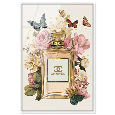 Glam Bloom Butterfly Perfume Framed High-Gloss Acrylic Glass Wall Art Fashion Art by Art Remedy, White Frame, 16 x 24