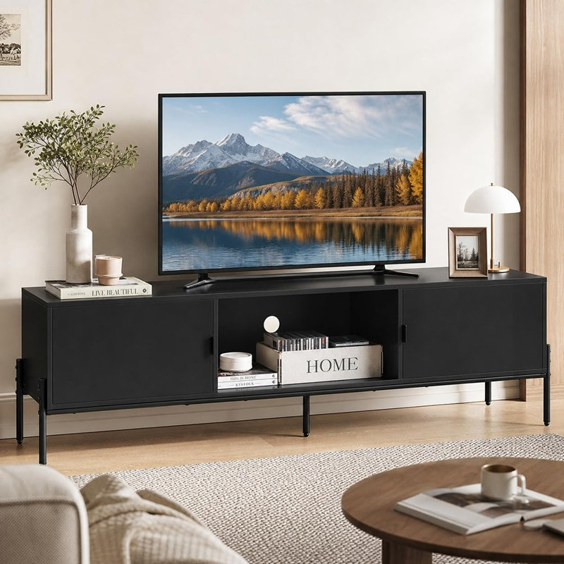 Meuble télé de style Mid-Century moderne, centre multimédia avec 2 armoires et une tablette ouverte, console avec pattes en métal, noir