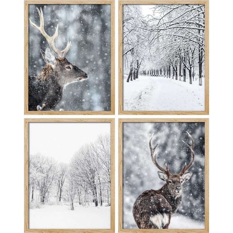 Hiver, cerf, bouleau, neige, forêt, nature, impression encadrée sur papier, 4 pièces, Naturel, H 14 po x l 11 po