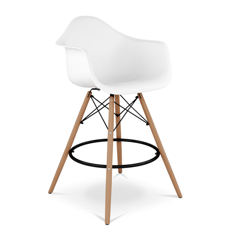 28" White And Brown Heavy Duty Plastic And Solid Wood Low Back Counter Height Bar Chair