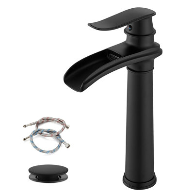 Waterfall Single Handle Single Hole Tall Spout Bathroom Vessel Sink Faucet With Pop-Up Drain Assembly In