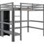Lit mezzanine double gris avec bureau intégré et tablettes multifonctionnelles, base en bois de pin, structure sans poupée