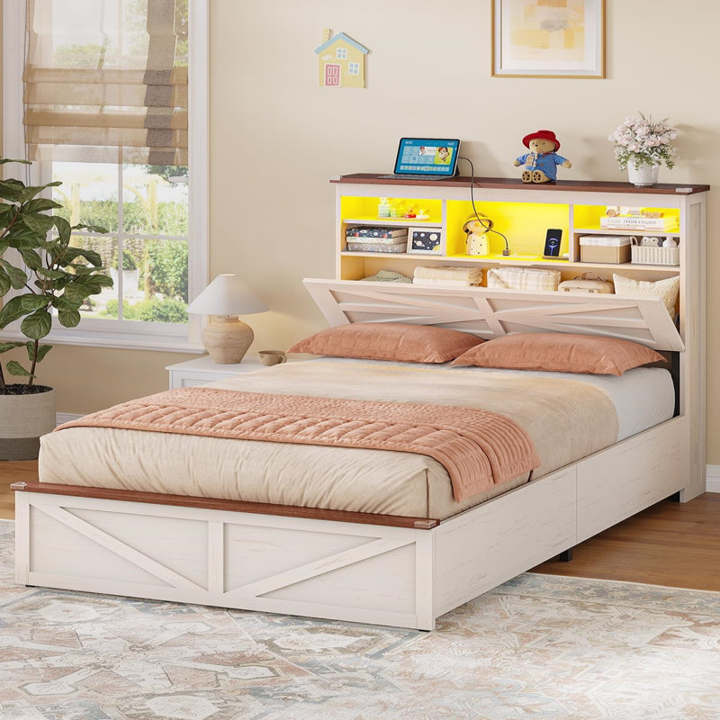 Farmhouse Full Bed Frame with Lift-Up Storage, 3-Tier Bookcase Headboard & LED Lights, White, Full, White
