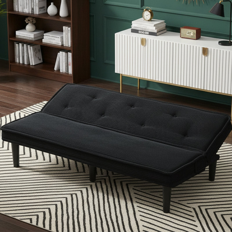 66'' W Compact Fold-Down Sofa Bed - Black Corduroy Upholstery - Twin Size Sleeper, Black