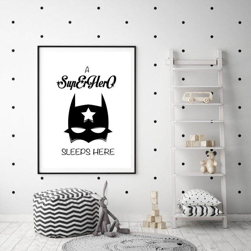A Super Hero Sleeps Here Nursery Wall Art - Print, Black Framed, 47cm H x 34cm W x 5cm D