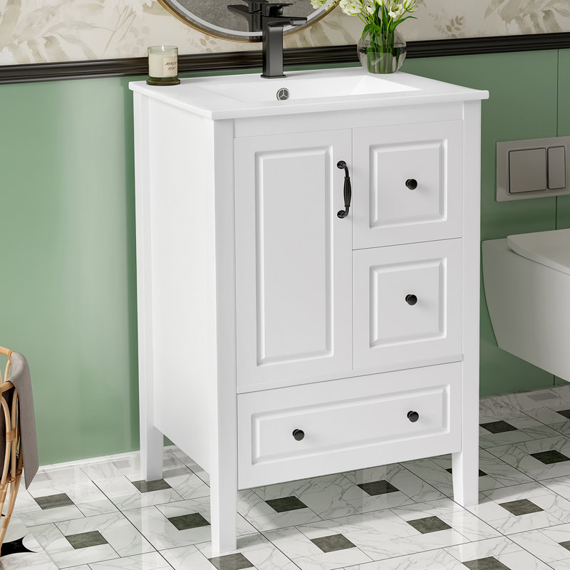 Gerhardt 24" Freestanding Bathroom Vanity With Ceramic Sink, Cabinet & Drawers, White