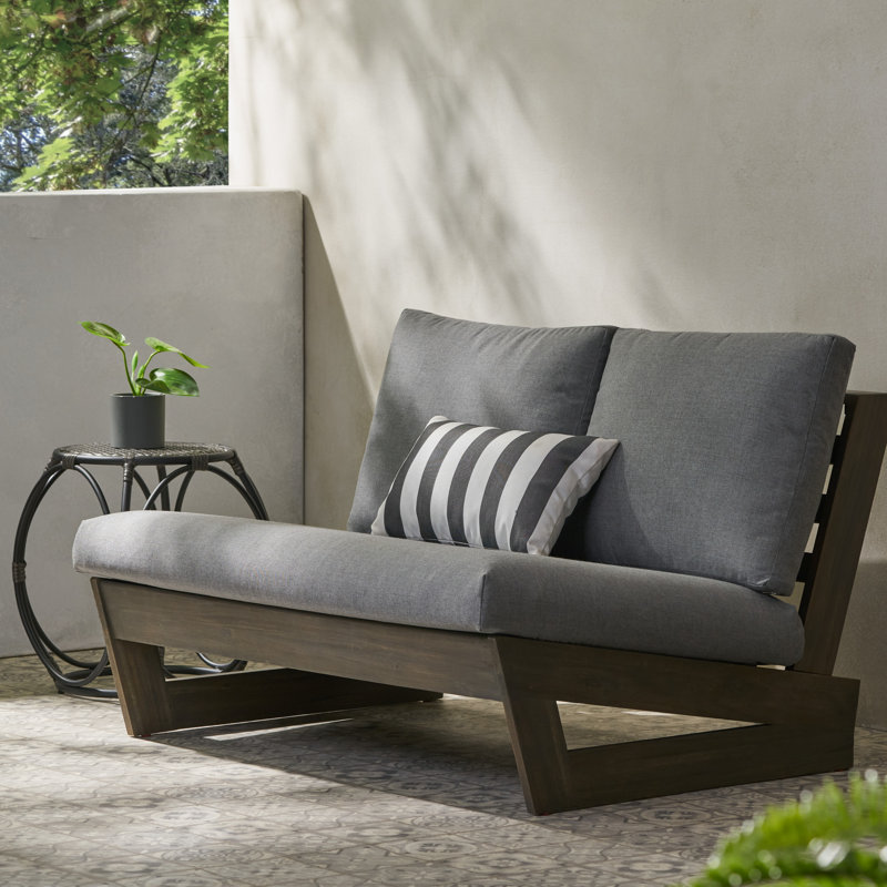 Louise 43" Acacia Outdoor Sofa with Sunbrella Cushions, Gray Frame/Cast Slate Cushion