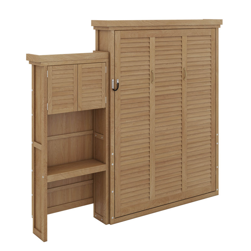 Grand lit escamotable mural avec plusieurs tablettes de rangement convertibles, cadre de lit plateforme pliable en bois avec décoration à persiennes