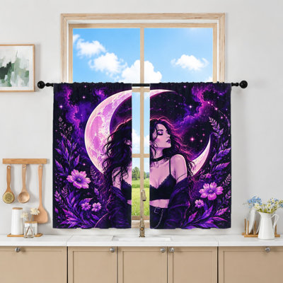 2Pcs Witchy Moon Girl Print Curtains, Light Filtering Fabric, Vintage Mystic Crescent and Stars, Boho Celestial Gothic Home Decor, Rod Pocket Design for Living Room Bedroom Balcony
