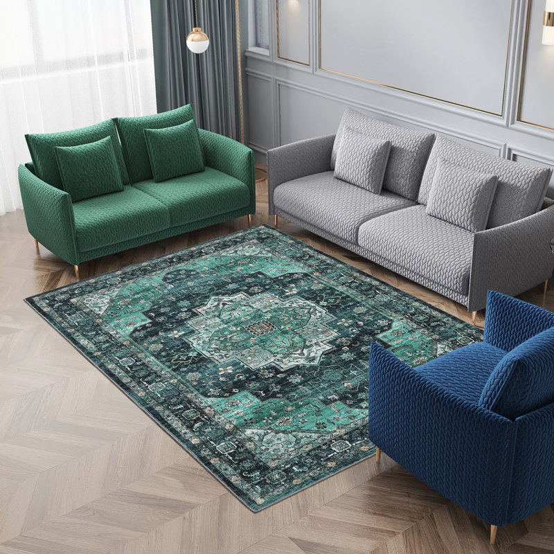 Machine Washable Area Rug Vintage Area Rugs Non Slip Backing Distressed Carpet for Living Room Kitchen Entryway, Teal