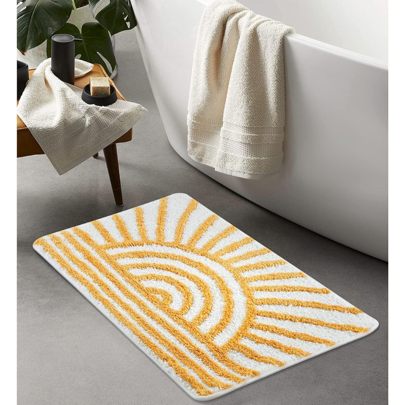 Boho Yellow White Sun Bath Mat - Non-Slip Microfiber Rug, 18x26" | Washable, Absorbent for Tub/Sink/Shower