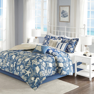 Literie Cape 7 - coton bleu très grand, charmant bord de mer, taies décoratives assorties, coussins décoratifs élégants 7 pièces, délice côtier, taies décoratives et pierres précieuses