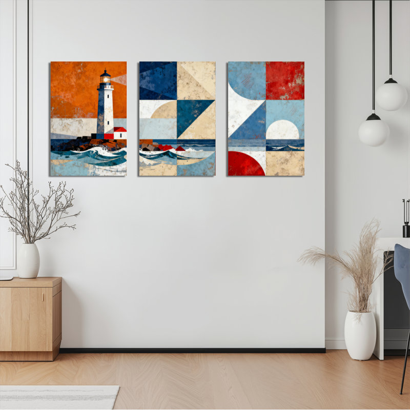 Abstract Lighthouse and Ocean Waves Canvas Wrapped Wall Art, Geometric Coastal (Set of 3), 18" H x 36" W