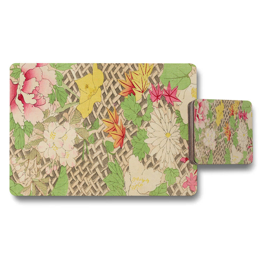 Floral Placemats And Coaster Set With Vintage Woven Pattern