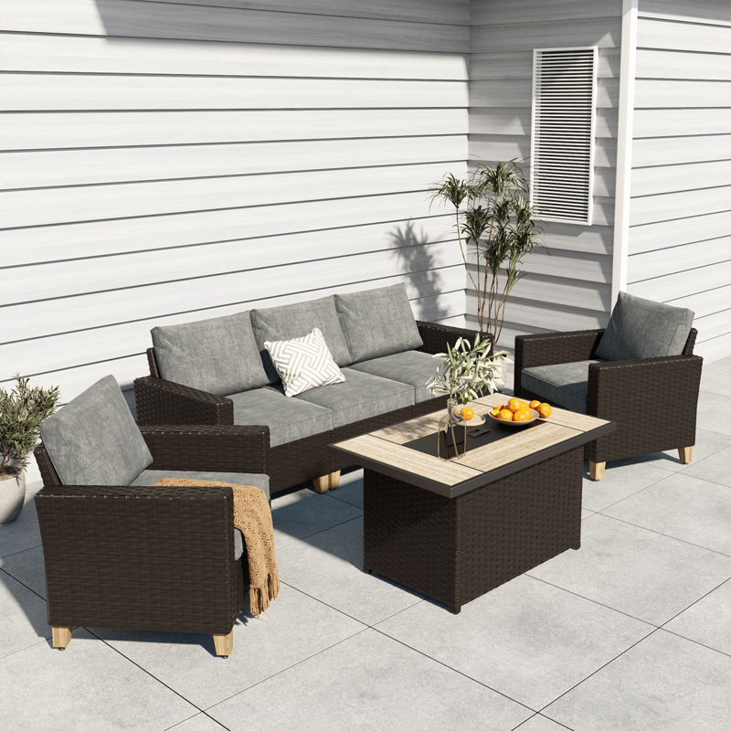 Umeh 6-Pieces Wicker Conversation Set With Fire Pit Table