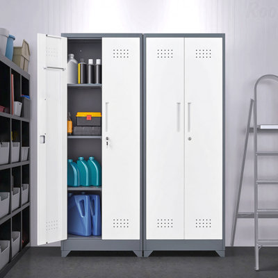 65" H Grey Broom Storage Organizer Cabinet With Locking Doors And Shelves Hanging Rod & S-Hooks Cleaning Tool Storage Cabinet