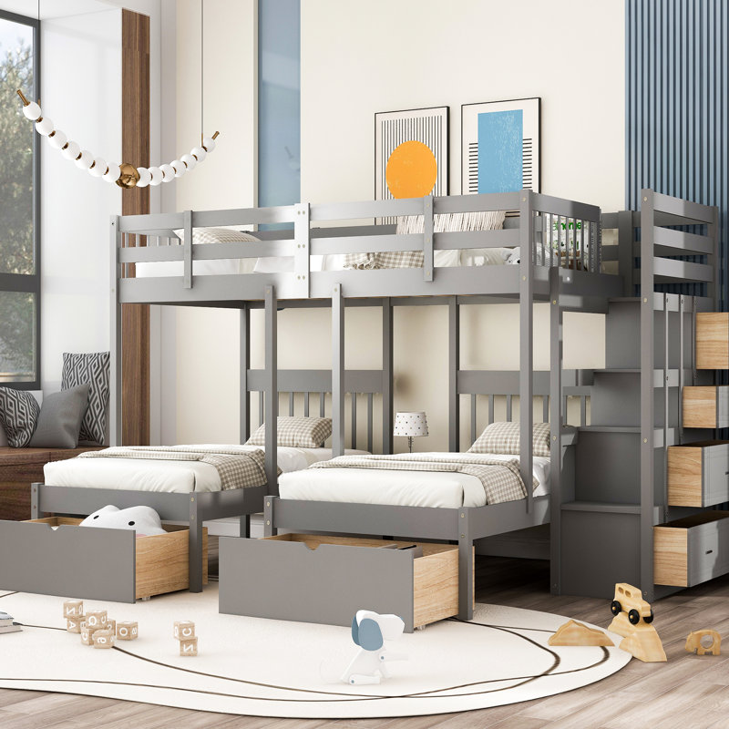 Lit superposé double au-dessus de simple et triple, cadre gris, utilisation verticale de l'espace, caractéristiques en bois de pin massif, garde-corps, tiroirs de rangement